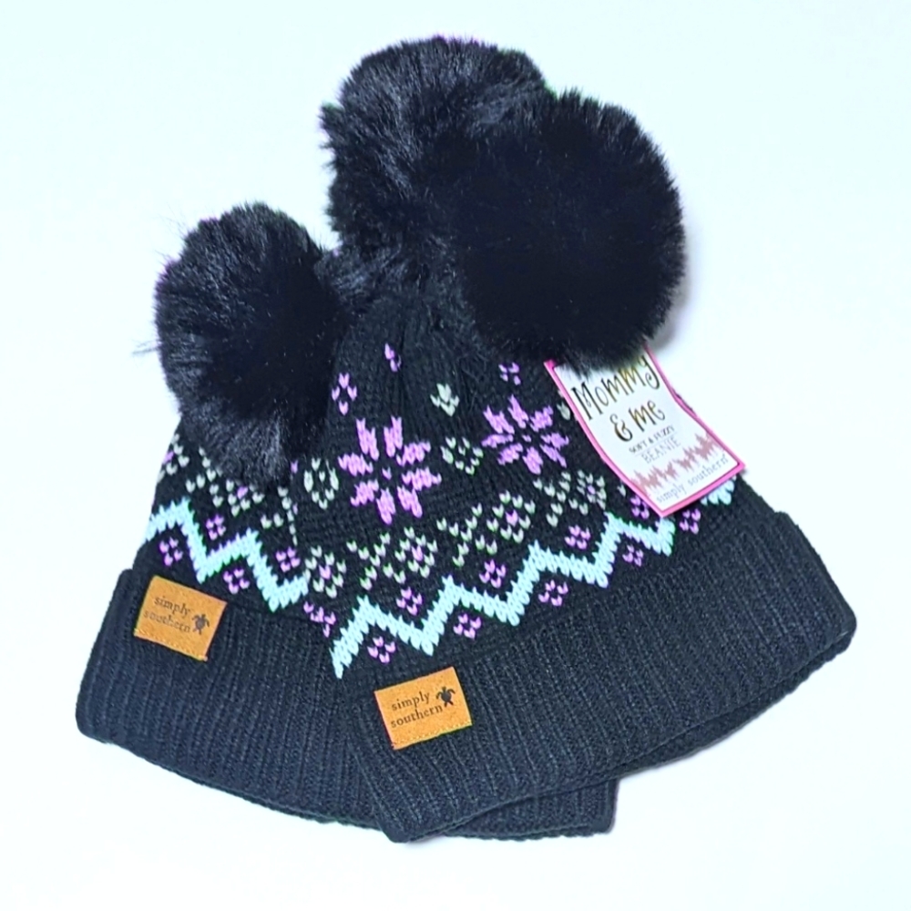 Simply Southern Mommy and Me Knit Beanie Hat Black With Design